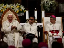 Pope Francis participates in a meeting at the Cathedral of Our Lady of the Assumption in Jakarta on Sept. 4, 2024, with bishops, priest, religious, seminarians, and catechists.