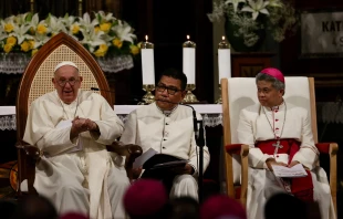 Pope Francis participates in a meeting at the Cathedral of Our Lady of the Assumption in Jakarta on Sept. 4, 2024, with bishops, priest, religious, seminarians, and catechists. Credit: Daniel Ibáñez/CNA