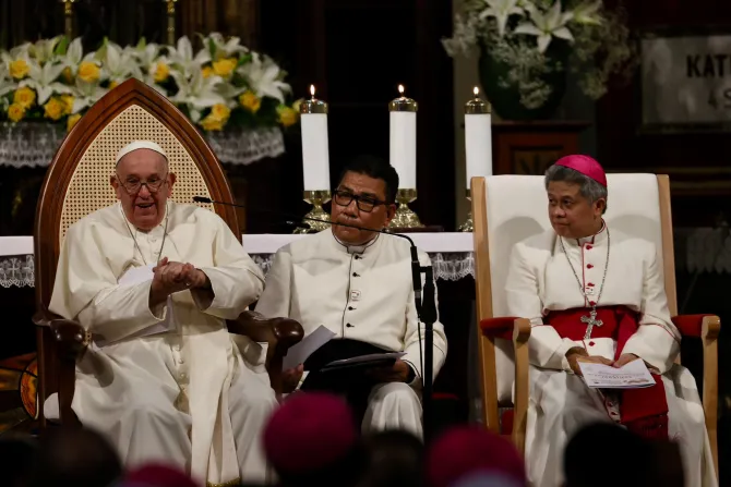 Pope Francis at the Cathedral of Our Lady of the Assumption in Jakarta on Sept. 4, 2024, speaking with bishops, priest, religious, seminarians and catechists