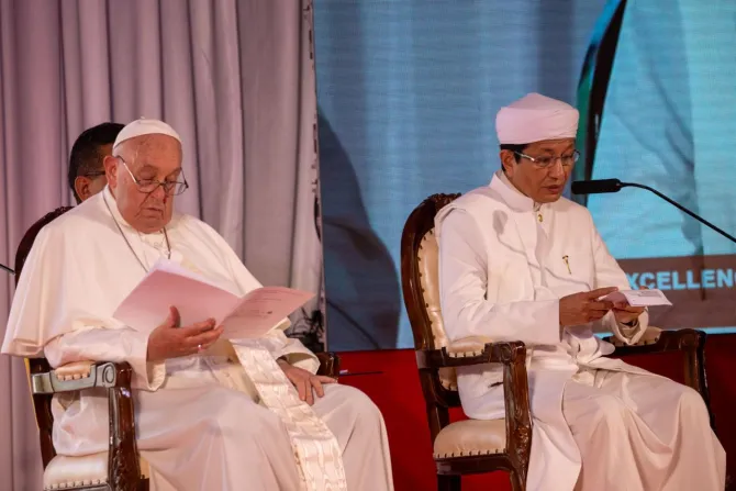 Pope Francis and Grand Imam Nasaruddin Umar attend the interreligious meeting on the grounds of Istiqlal Mosque in Jakarta, Indonesia, on Sep. 5, 2024.