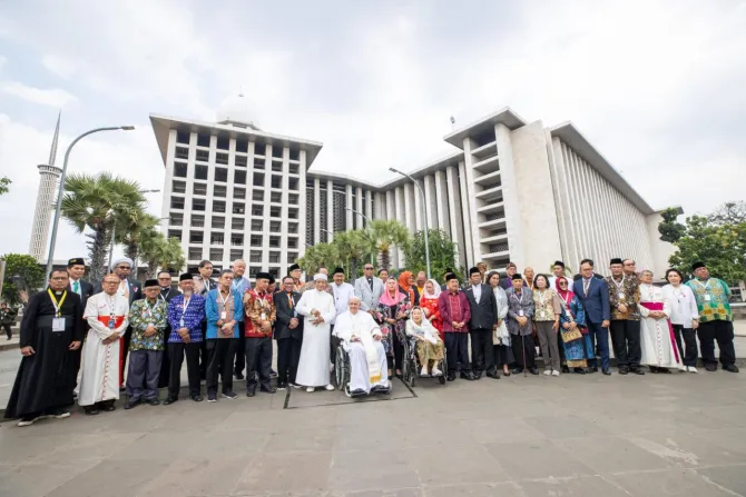 Pope Francis, Grand Imam Nasaruddin Umar and other religious leaders at the interreligious meeting on the grounds of Istiqlal Mosque in Jakarta, Indonesia, on Sep. 5, 2024.