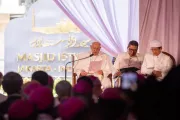 Pope Francis speaks to religious leaders on the grounds of Indonesia's national mosque in Jakarta, Indonesia, Sept 5, 2024.