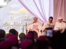 Pope Francis speaks to religious leaders on the grounds of Indonesia's national mosque in Jakarta, Indonesia, Sept 5, 2024.