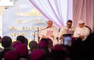 Pope Francis speaks to religious leaders on the grounds of Indonesia's national mosque in Jakarta, Indonesia, Sept 5, 2024. Credit: Daniel Ibáñez/CNA