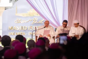 Pope Francis speaks to religious leaders on the grounds of Indonesia's national mosque in Jakarta, Indonesia, Sept 5, 2024.