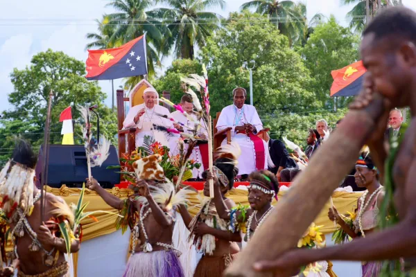 Pope Francis waves at dancers in Vanimo, Papua New Guinea, Sept. 8, 2024. Credit: Daniel Ibáñez/CNA