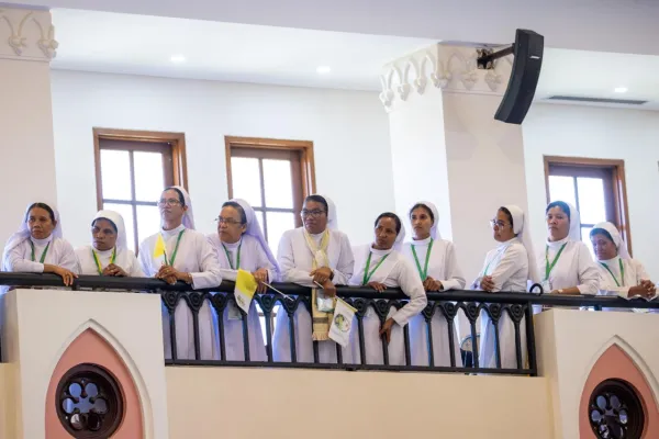 Sisters listening to Pope Francis speaking at the meeting with bishops, priests, deacons, consecrated persons, seminarians, and catechists in the Cathedral of the Immaculate Conception in Dili, East Timor, Sept. 10, 2024. Credit: Daniel Ibáñez/CNA