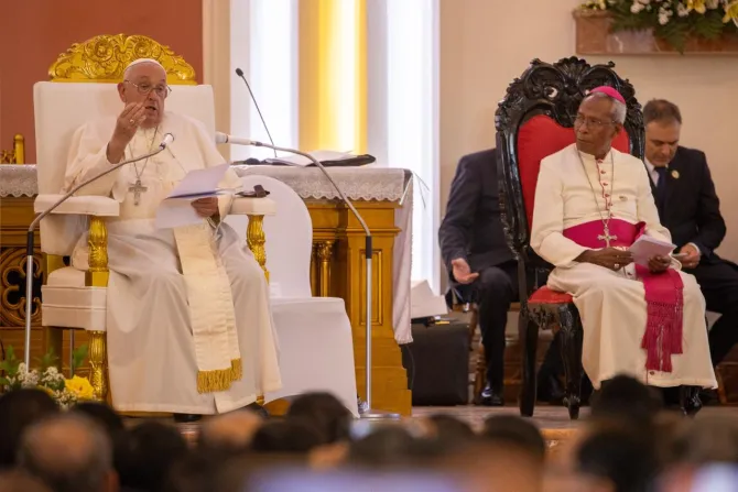 Pope Francis speaks at the meeting with bishops, priests, deacons, consecrated persons, seminarians in Dili