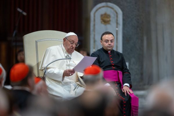 Pope Francis presides over a rosary prayer for peace on Oct. 6, 2024, in the Basilica of St. Mary Major in Rome. The prayer service took place on the eve of the first anniversary of the Hamas attack on Israel on Oct. 7, 2023, amid escalating violence in the Middle East. Credit: Daniel Ibañez/CNA