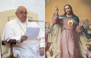 Pope Francis speaks at the general audience in St. Peter's Square on Oct. 23, 2024. An altar painting of the Sacred Heart of Jesus by Francesco de Rhoden inside the Basilica of the Sacred Heart of Jesus in Rome, Italy. Credit: Daniel Ibáñez/CNA [L] CNA file photo [R]