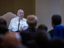 Pope Francis speaks to the academic community at the Pontifical Gregorian University in Rome on Nov. 5, 2024.