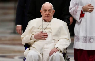 Pope Francis arrives for a consistory at St. Peter's Basilica with visible bruising on his face, Vatican City, Dec. 7, 2024. Vatican spokesman Matteo Bruni explained that the pope suffered a contusion after hitting his chin on a bedside table the previous morning. Credit: Daniel Ibáñez/CNA