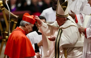 Pope Francis places the red biretta on Cardinal Domenico Battaglia, archbishop of Naples, during the consistory for the creation of 21 new cardinals in St. Peter's Basilica, Dec. 7, 2024. Credit: Daniel Ibáñez/CNA