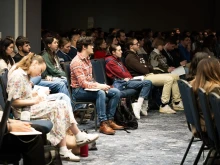 Young Catholics listen as Samantha Kelley gives a talk at SEEK25 on the theology of the body on Sunday, Jan. 5, 2025, in Washington, D.C.