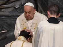 Pope Francis lays his hands on Renato Tarantelli Baccari — a gesture signifying the conferral of episcopal authority that traces back to apostolic times — at the Basilica of St. John Lateran, Jan. 4, 2025.