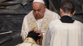 Pope Francis lays his hands on Renato Tarantelli Baccari — a gesture signifying the conferral of episcopal authority that traces back to apostolic times — at the Basilica of St. John Lateran, Jan. 4, 2025.